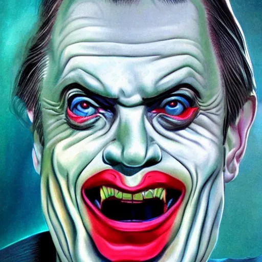 Prompt: Steve Buscemi as the Joker, in the style of Boris Vallejo, intricate, highly detailed, concept art, smooth, sharp focus