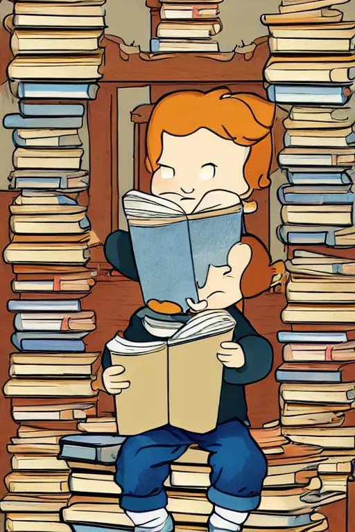 Image similar to a little boy with ginger hair sits cross legged on top of a tall pile of books. he is reading. clean elegant pretty cartoon painting, beautiful detailed face, storybook illustration.