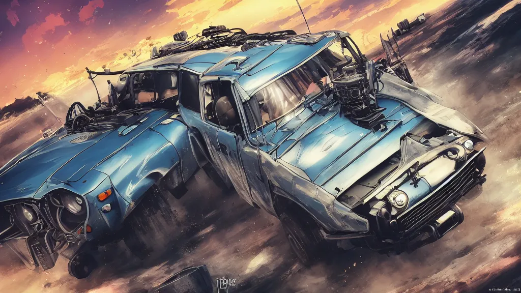 Image similar to anime illustration of mad max's fj 4 0 pursuit special, the last v 8 interceptor driving down to the gates of valhalla highway, riding fury road eternal shiny and chrome, world of fire and blood, by makoto shinkai, ilya kuvshinov, lois van baarle, rossdraws, basquiat, global illumination ray tracing hdr