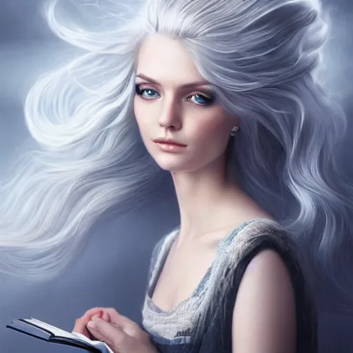 Prompt: a girl reading a book, hair flowing down, 8 k, hyperrealistic, hyperdetailed, white hair, blue eyes, fantasy portrait by laura sava