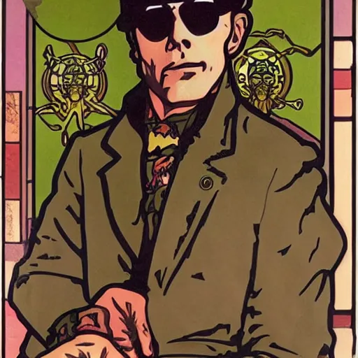 Prompt: hunter s thompson painting by mucha