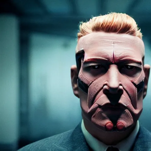 Image similar to movie still of a villain cyborg, facial expression, cinematic composition, cinematic light, surreal cinema, pastel color scheme, by edgar wright and david lynch,