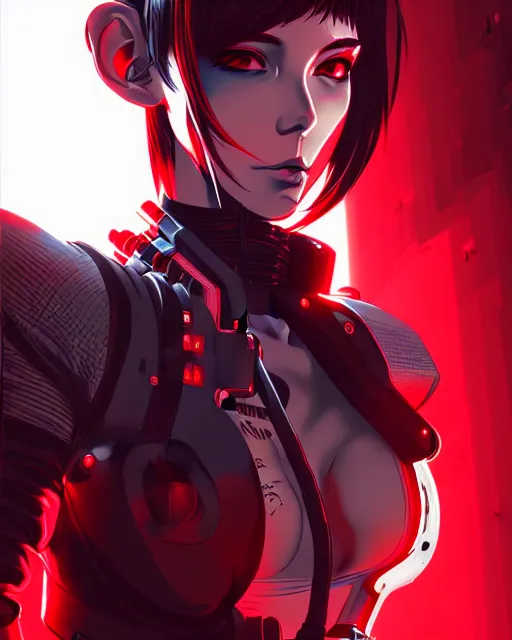 Image similar to a detailed potrait of a cyberpunk cyborg girl with black and red parts, perfect face, realistic shaded perfect face, detailed. night setting. very anime style. realistic shaded lighting poster by ilya kuvshinov katsuhiro, unreal engine, global illumination, radiant light, detailed and intricate environment