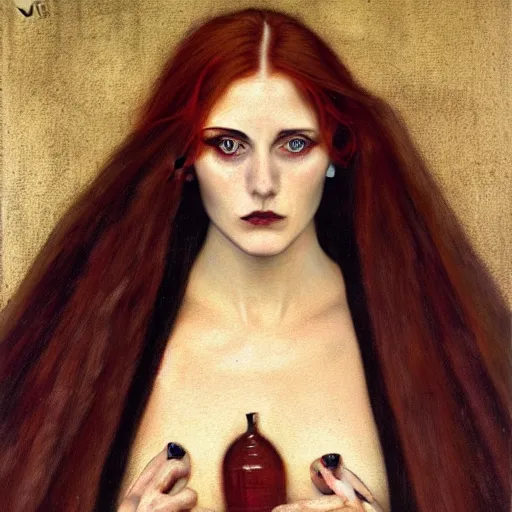 Prompt: a Pre-Raphaelite John Collier painting of a striking witch with intense eyes and ginger hair