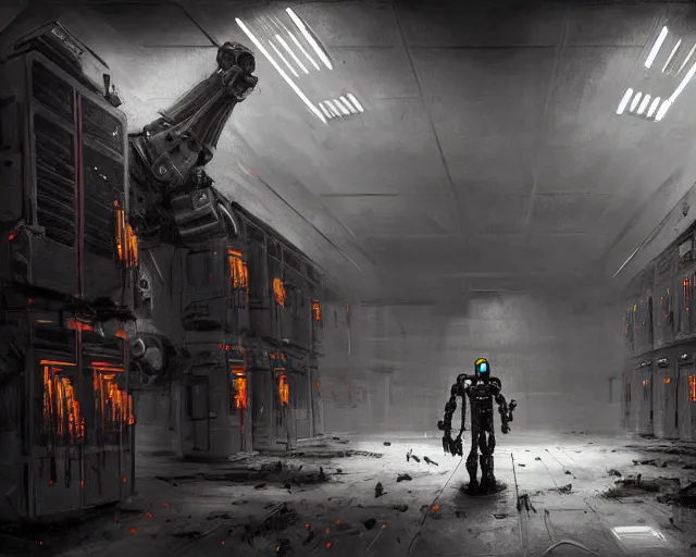 Image similar to robo in gloomy ruined server room in datacenter robot painting concept art of automata rusty steel robot knight colossus welder pacing mono eyed, sharp focus, emitting diodes, smoke, artillery, sparks, racks, motherboard, by pascal blanche rutkowski repin artstation hyperrealism detailed matte painting, 4 k resolution blade runner