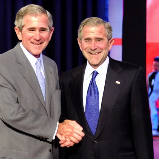 Image similar to george w bush shaking hands with osama bin laden, 8k cinematic lighting, very sharp detail, anatomically correct