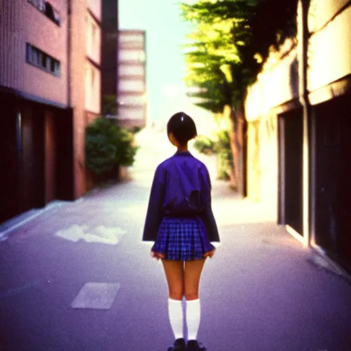 Image similar to 1990s perfect 8K HD professional cinematic photo of a japanese schoolgirl, in sci-fi alleyway at evening, at instagram, Behance, Adobe Lightroom, with instagram filters, depth of field, taken with polaroid kodak portra