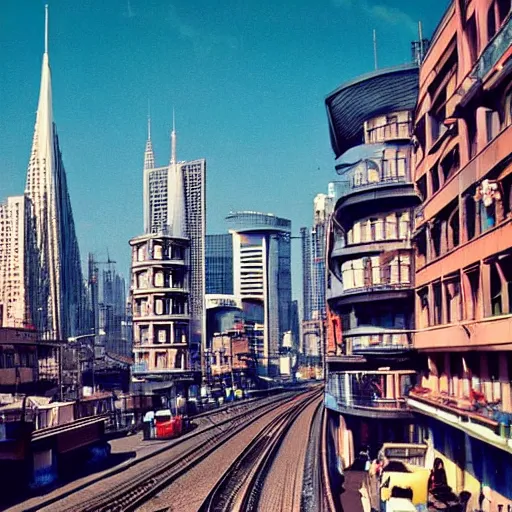 Prompt: very low angle. futuristic city street at 1 9 5 0 s. low angle. old photo. atmospheric. skyscrapers. vivid colours, mysterious. epic scene. trending on trainstation. 4 k. very high detailed.