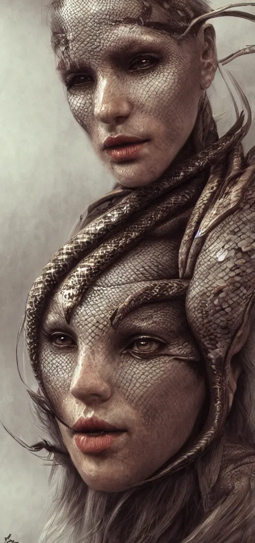 Image similar to realistic detailed portrait of the snake women, dynamic lighting, photorealistic fantasy concept art, trending on art station, stunning visuals, creative, cinematic, ultra detailed