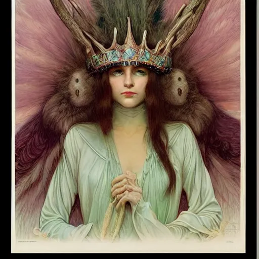 Image similar to a detailed portrait of a green haired brown eyed queen of feathers with an antler crown by wayne barlowe and mucha