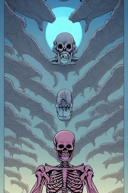 Prompt: comic cover art of a ( very very disturbing ) ( very very huge ) ( skeleton monster ) swimming in the sky above a metropolitan city, viewed from the ground, by jenny frison and sana takeda, intricate details, stunning inking lines, flat colors, 4 k, hd, artstation