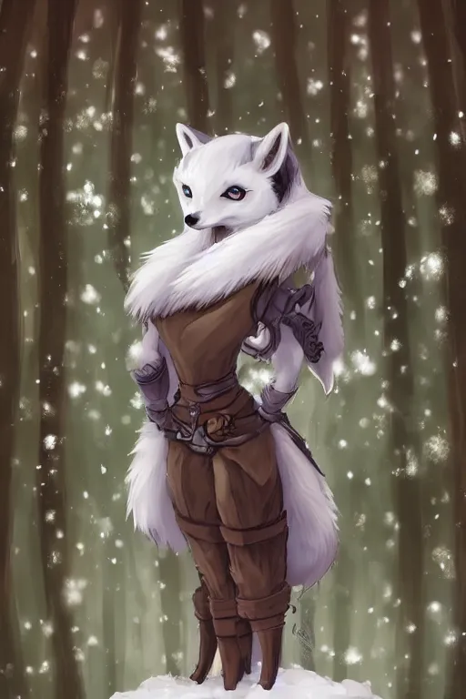 Image similar to a pretty medieval anthropomorphic snow fox with a fluffy tail in the forest, comic art, trending on furaffinity, cartoon, kawaii, backlighting, furry art!!!, radiant light, bokeh, trending on artstation, digital art