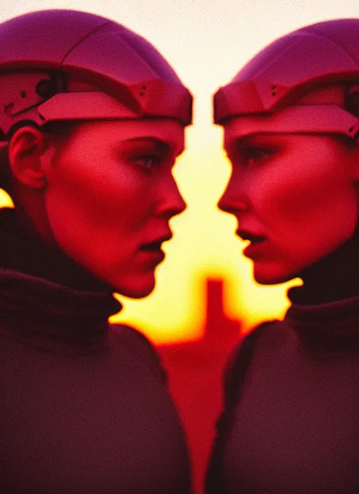 Image similar to cinestill 5 0 d photographic portrait of two loving female androids wearing rugged black techwear on a desolate plain with a red sky, extreme closeup, lizard on ground, cyberpunk style, in front of a brutalist dark metal facility, dust storm, 8 k, hd, high resolution, 3 5 mm, f / 3 2, ultra realistic faces