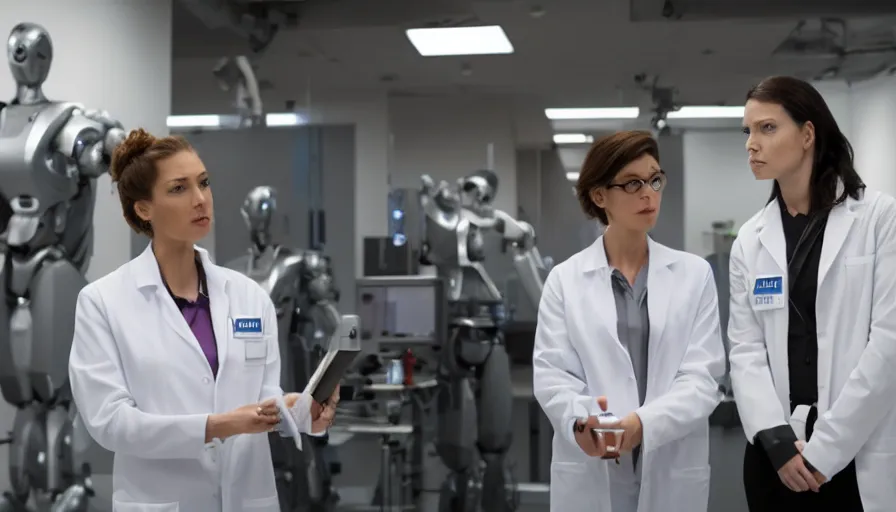 Prompt: big budget action movie about female scientist confronts male ceo about robot photographs