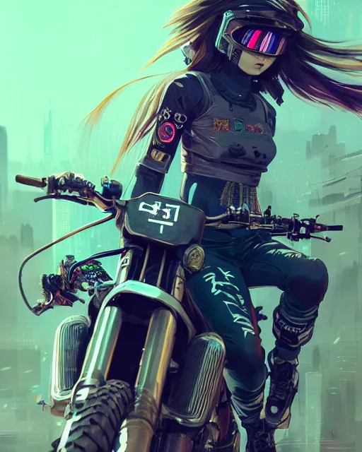 Image similar to cool girl wearing cyberpunk intricate streetwear riding dirt bike, beautiful, detailed portrait, cell shaded, 4 k, concept art, by wlop, ilya kuvshinov, artgerm, krenz cushart, greg rutkowski, pixiv. cinematic dramatic atmosphere, sharp focus, volumetric lighting, cinematic lighting, studio quality