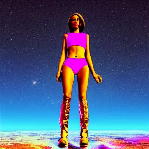 Image similar to A wide angle shot from below of a feminine body walking with swagger towards camera on mars in an infinite universe , synthwave digital art