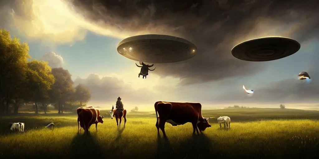 Image similar to a beautiful ufo abducting a cow from a field, digital art, landscape, fantasy art, octane render, unreal engine, high detail, very realistic, by greg rutkowski. by james gurney