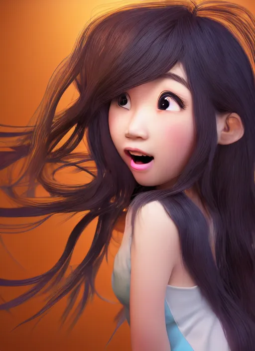 Prompt: a cute asian girl singing, flowing hair in the style of pixar animation, full body shot, low angle view, award winning, hyper detailed, studio lighting, artstation, octane renderer, unreal engine