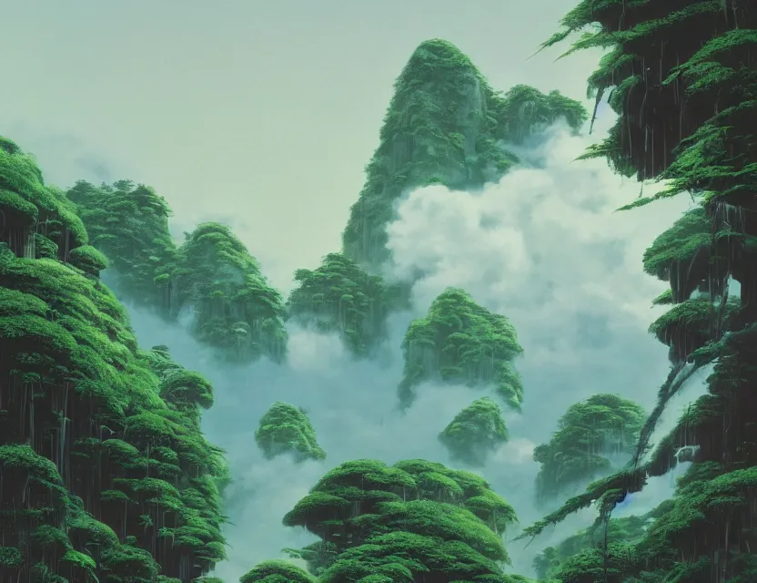 Prompt: a cinematic widescreen photo of ancient japanese cloud temples on a mountain in a misty bamboo cloud forest with colossal waterfalls at dawn by studio ghibli by roger dean by syd mead