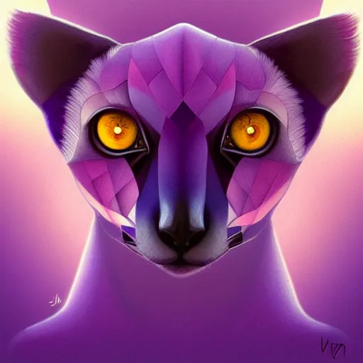 Image similar to Geometric symmetrical purple lemur, sun in the background, intricate, elegant, highly detailed, digital painting, artstation, concept art, smooth, sharp focus, illustration, art by artgerm