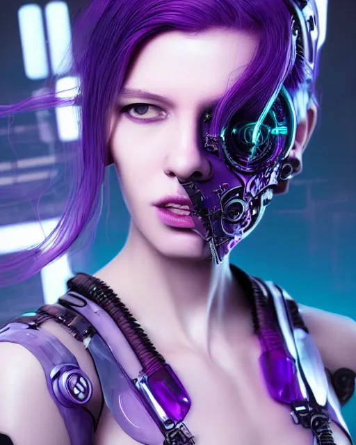 Image similar to portrait of a aesthetic beatiful woman with violet hair as a cyberpunk cyborg with tear drop on face, sci - fi, missing panels, intricate abstract upper body intricate artwork, by tooth wu, wlop, beeple, dan mumford. concept art, octane render, deviantart, greg rutkowski, cinematic, key art, hyperrealism, iridescent accents