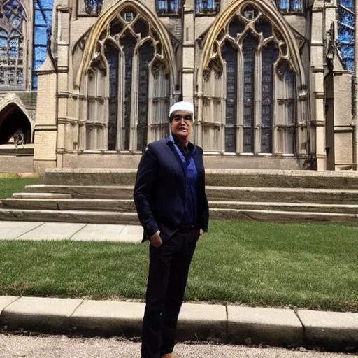 Prompt: mehmet oz standing in front of bryn athyn cathedral