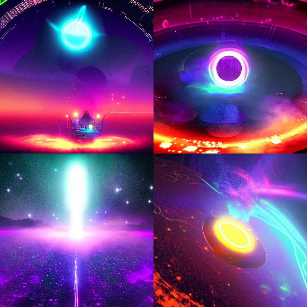 Prompt: event horizon in magic neon singularity in space, steampunk, magical fog, 8 k