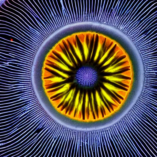 Prompt: dark field microscopy photograph of a diatom at 1 0 0 x symmetrical, beautiful colours