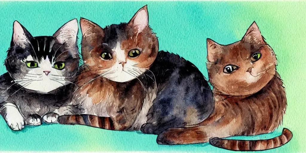 Image similar to watercolor illustration style, cute cat call to another cat by mobile phone