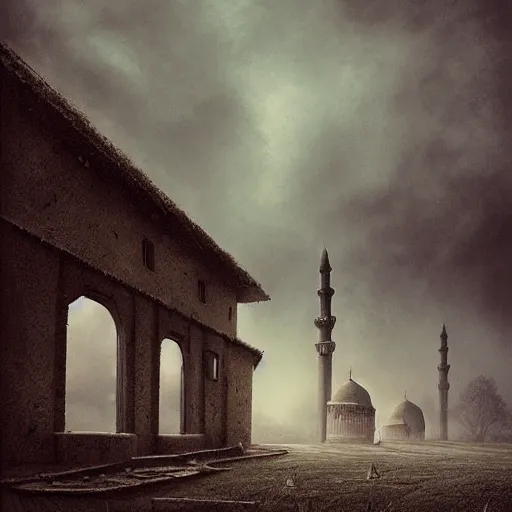 Image similar to a big mosque in a Village, horror, fog, foster, highly detailed, one house, fear, dark inside, dark mammatus cloud,hyper realistic, atmospheric lighting, beksinski