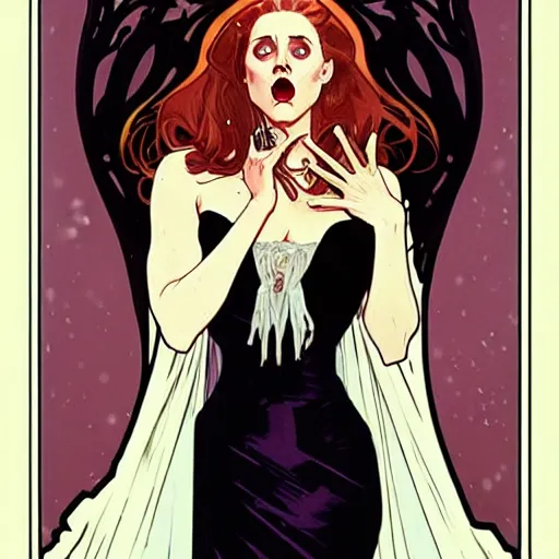 Prompt: Rafeal Albuquerque comic art, Joshua Middleton, Alphonse Mucha, pretty female Amy Adams, full entire body fun pose, scary vampire, fully black eyes no pupils, sharp vampire teeth smile open mouth, sarcastic evil smile, horror symmetrical face, symmetrical eyes, black Victorian dress, long curl red hair, outside in snow snowing