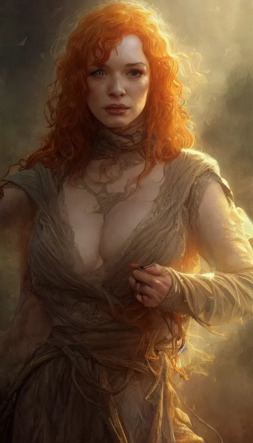 Prompt: christina hendricks, lord of the rings, sweaty insane, intricate, highly detailed, digital painting, artstation, concept art, smooth, sharp focus, illustration, unreal engine 5, 8 k, art by artgerm and greg rutkowski and alphonse mucha