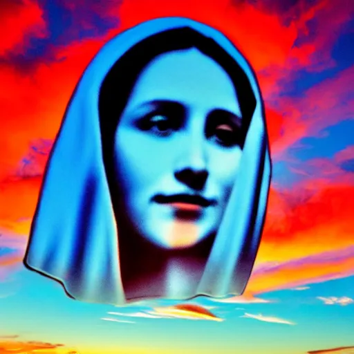 Prompt: shape of huge virgin mary face in sunset clouds