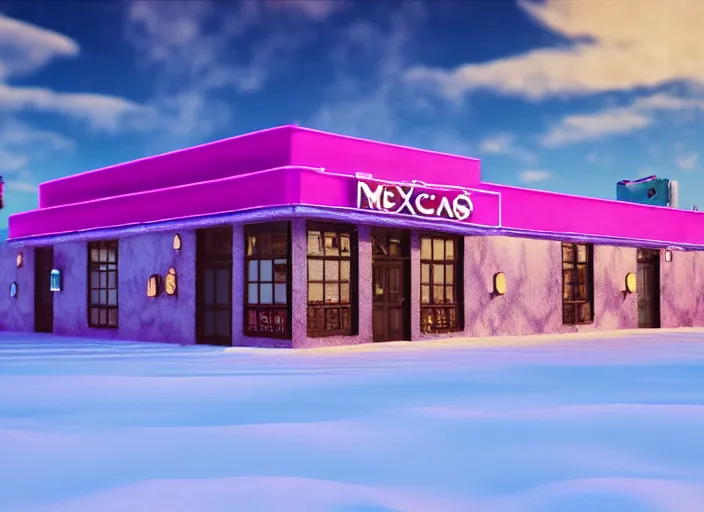 Prompt: realistic exterior photo of a mexican restaurant, vaporwave, in a flat snowy field. 35mm. Very detailed 8k. Sharp. Cinematic post-processing. Unreal engine. Nanite. Ray tracing. Parallax. Tessellation