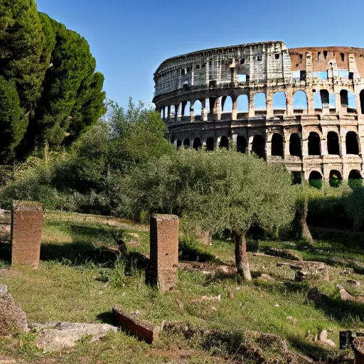 Prompt: a photo of the colosseum of Rome invaded by vegetation, even the surrounding areas of the city are invaded by trees and vegetation, everything seems abandoned.