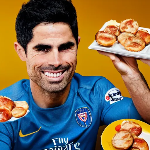 Prompt: a promo portrait of mikel arteta holding a plate of bratwursts with mustard and ketchup up to the camera, happy,