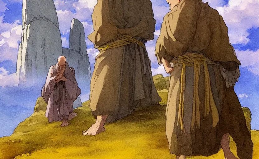 Image similar to a hyperrealist anime watercolor fantasy concept art of a giant monk with a grey robe and a small druid with a yellow robe in stonehenge on a misty night. several immense stones are floating in the air. by rebecca guay, michael kaluta, charles vess