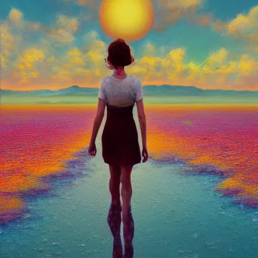 Image similar to giant daisy flower head, girl walking on salt flats mountains, surreal photography, sunrise, dramatic light, impressionist painting, colorful clouds, digital painting, artstation, simon stalenhag