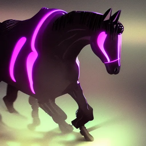 Image similar to !dream A synthwave horse inspired by Tron. Trending on Artstation. Digital screenshot. Faded film grain. 1980s Computer Graphics.