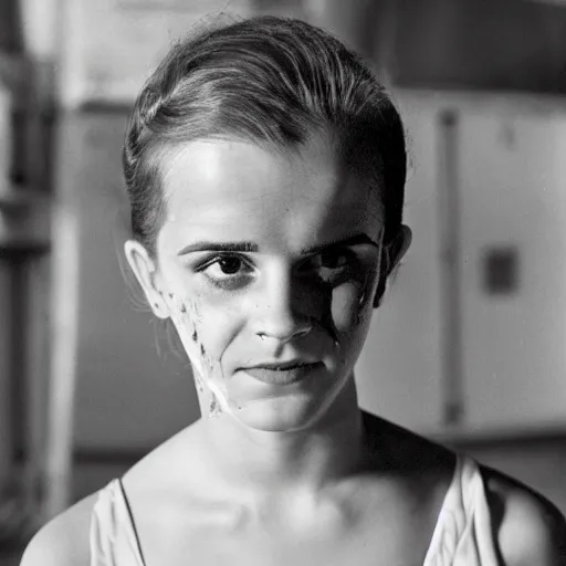 Image similar to deformed irradiated emma watson with acute radiation sickness flaking, melting, rotting skin wearing 1950s clothing in a 1950s nuclear wasteland. Group is living in a nuclear reactor. Photo is black and white award winning photo highly detailed, highly in focus, highly life-like, facial closeup taken on Arriflex 35 II, by stanley kubrick