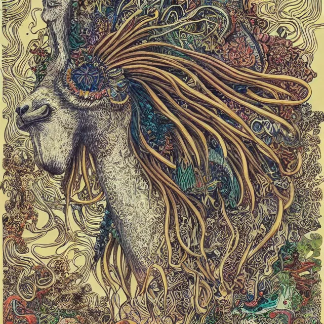 Image similar to llama with dreadlocks, otomo katsuhiro, ernst haeckel, james jean