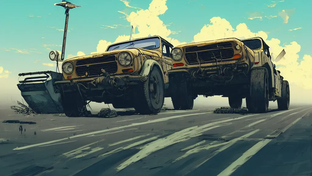 Image similar to digital illustration of mad max's fj 4 0 pursuit special, the last v 8 interceptor driving down a deserted cyberpunk highway in the middle of the day by studio ghibli, anime style year 2 0 9 3, by makoto shinkai, ilya kuvshinov, lois van baarle, rossdraws, basquiat