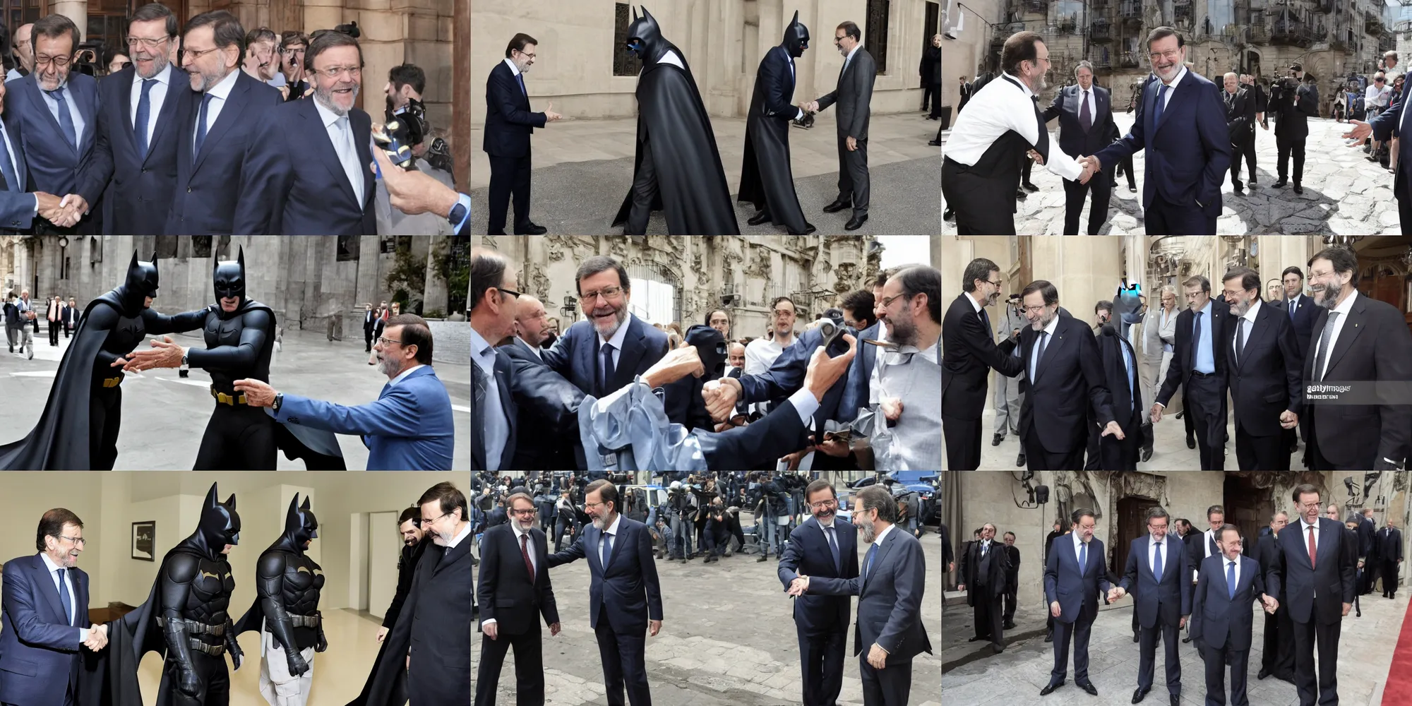 Prompt: Mariano Rajoy meeting Batman, press photo