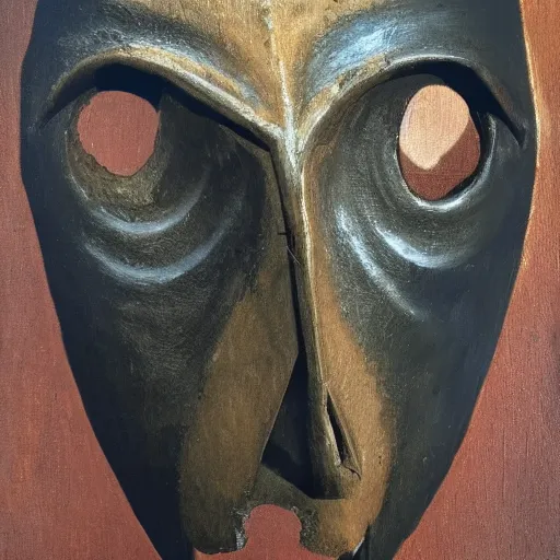 Prompt: dark oil painting of an old creepy mask made of wood
