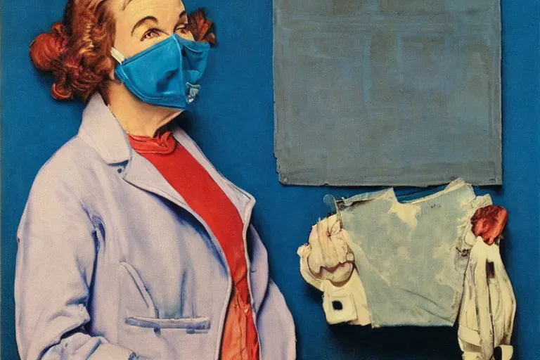 Image similar to portrait of a woman! wearing a jacket!!! wearing a chirurgical blue!!! mask, happy, norman rockwell!