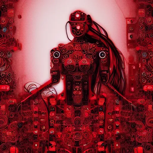 Image similar to digital, 2 dmatte, painting, illustration, abstract, illustration art, photoshop, fantasy, matte painting, abstract, red woman, intricate lines, made of tiny gears and robot parts