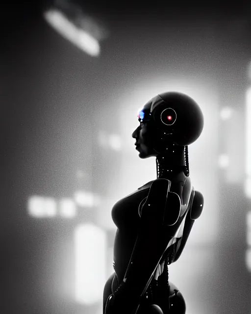 Prompt: black and white high quality photo of a beautiful futuristic female human-AI-cyborg looking into a sci-fi mirror:: volumetric lighting, liminal space, brutalism, foggy, dreamy, hyperdetailed, bokeh, photorealistic, cinematic, masterpiece, Metropolis, elegant, dark, octane render, 8K, photograph taking in 1910