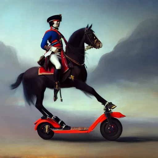 Prompt: Napoleon Bonaparte riding to battle on his electric scooter by Jeremy Lipkin and Giuseppe Dangelico Pino, oil on canvas, epic pose, cinematic, poster, 8k