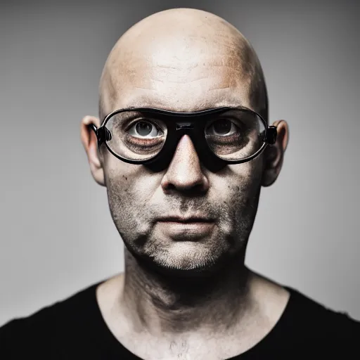 Image similar to portrait photo of a bald wrinkly yellow man with stubble wearing thick round goggles and big hazel eyes, he looks like a human minion hybrid, moody lighting, realistic facial features, hyper detailed, crlear image, leica, 2 4 mm lens