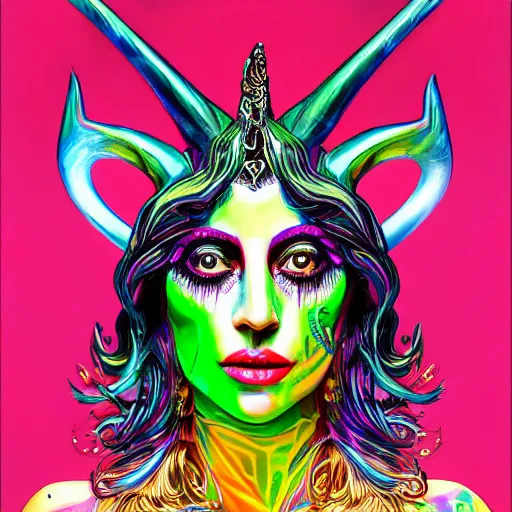 Prompt: an extremely psychedelic portrait of lady gaga as baphomet, surreal, lsd, face, detailed, intricate, elegant, lithe, highly detailed, digital painting, artstation, concept art, smooth, sharp focus, illustration,